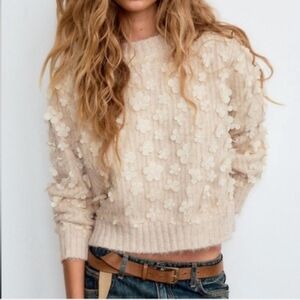 Zara Cozy Cream Sweater with Textured Floral Design
